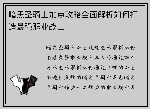 暗黑圣骑士加点攻略全面解析如何打造最强职业战士